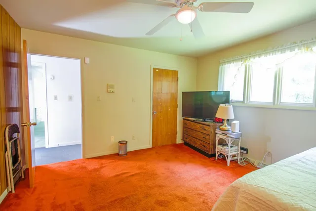 a bedroom with a bed and dresser with mirror