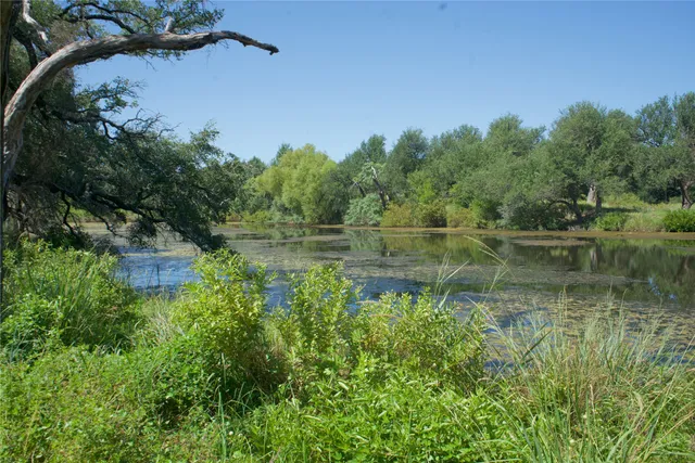 a view of a lake with a house in the background