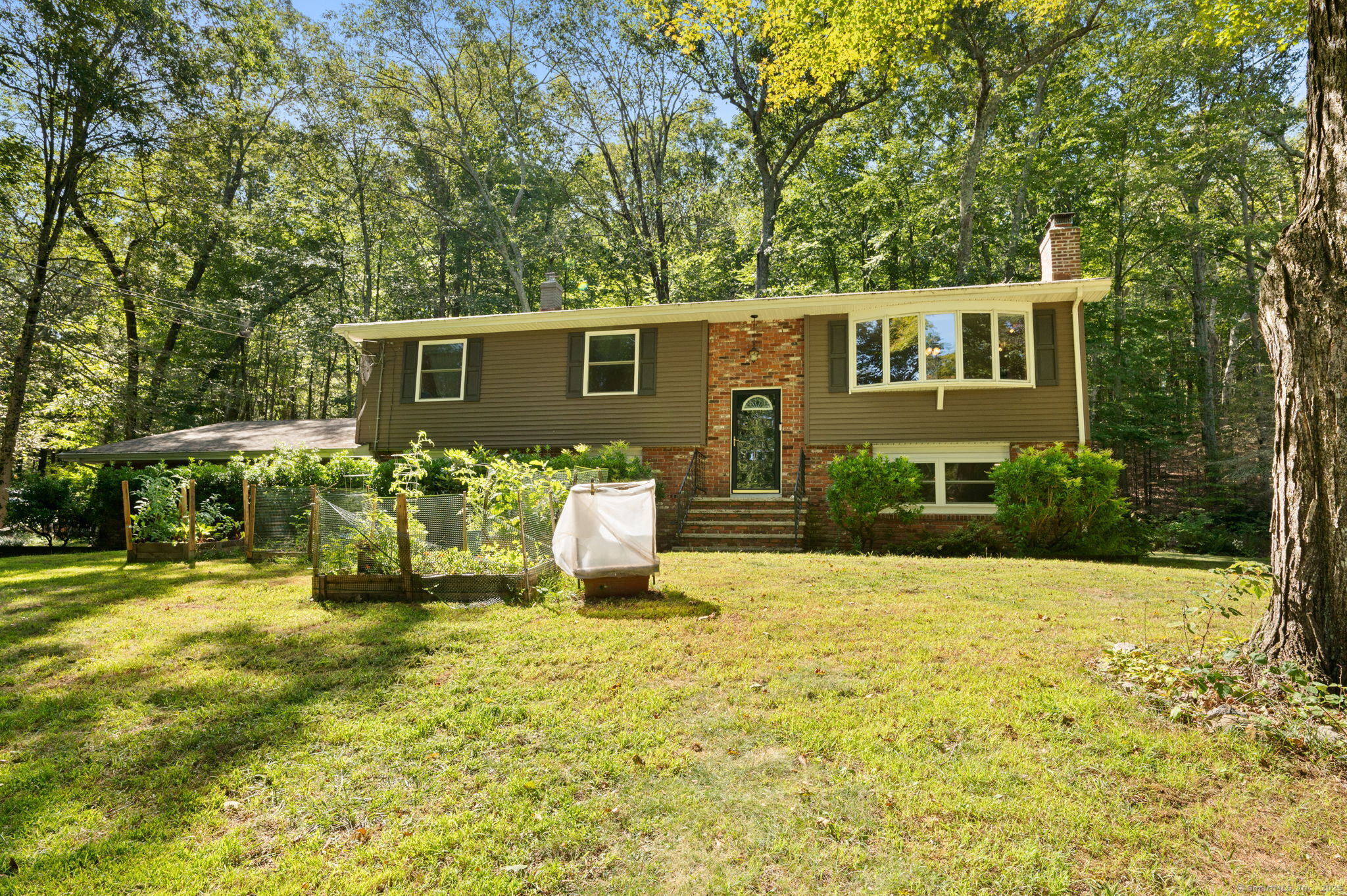 a front view of a house with a yard and trees