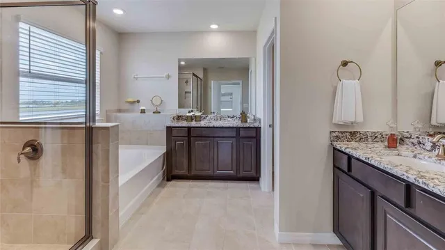 a bathroom with a double vanity sink a mirror and a bathtub