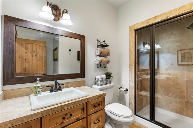 a bathroom with a sink a toilet and shower