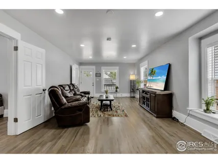 a living room with furniture a rug and a window