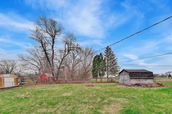 a view of a backyard with large trees