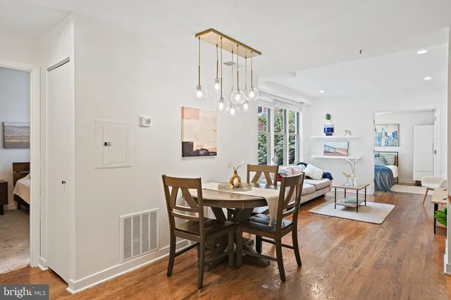 a view of a dining room with furniture and wooden floor