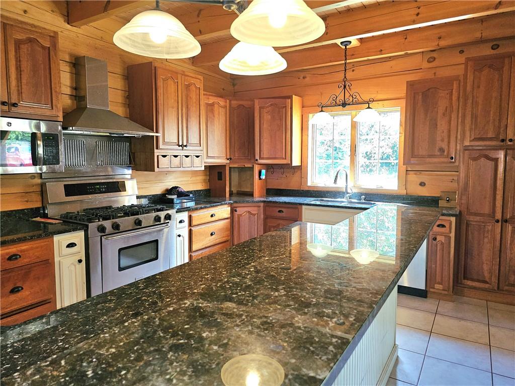 459 Big Knob Road Rochester, PA 15074 - Photo 18 of 48 a kitchen with stainless steel appliances granite countertop a stove a sink and a microwave