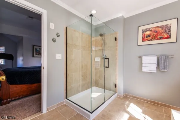 a bathroom with a shower and a sink