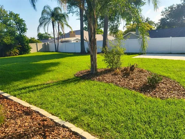 a view of a house with a yard and palm trees