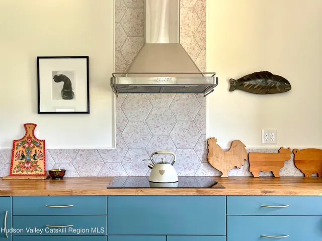 a kitchen with a stove and a potted plant