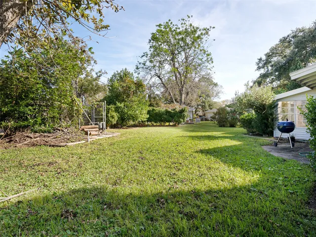 a view of a park with large trees