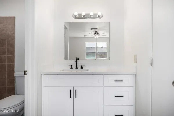 a bathroom with a sink a toilet and a mirror