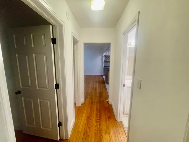 a view of a backyard with large trees