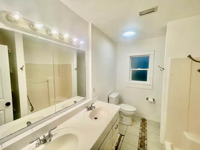 a view of a yard in front of a house with plants and large trees