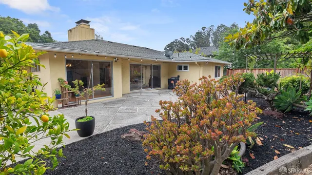 a view of a house with potted plants