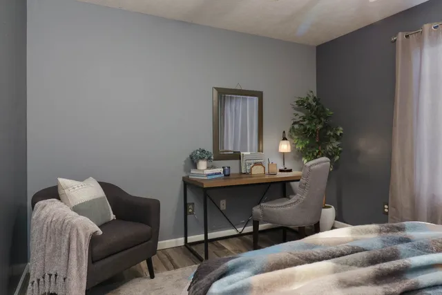 a living room with furniture and a potted plant