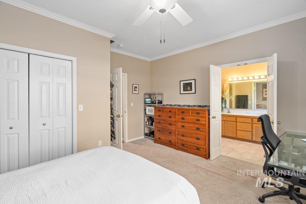 865 Fairview Drive Moscow, ID 83843 - Photo 27 of 50 Bedroom with crown molding, light colored carpet, a closet, a ceiling fan, and a desk