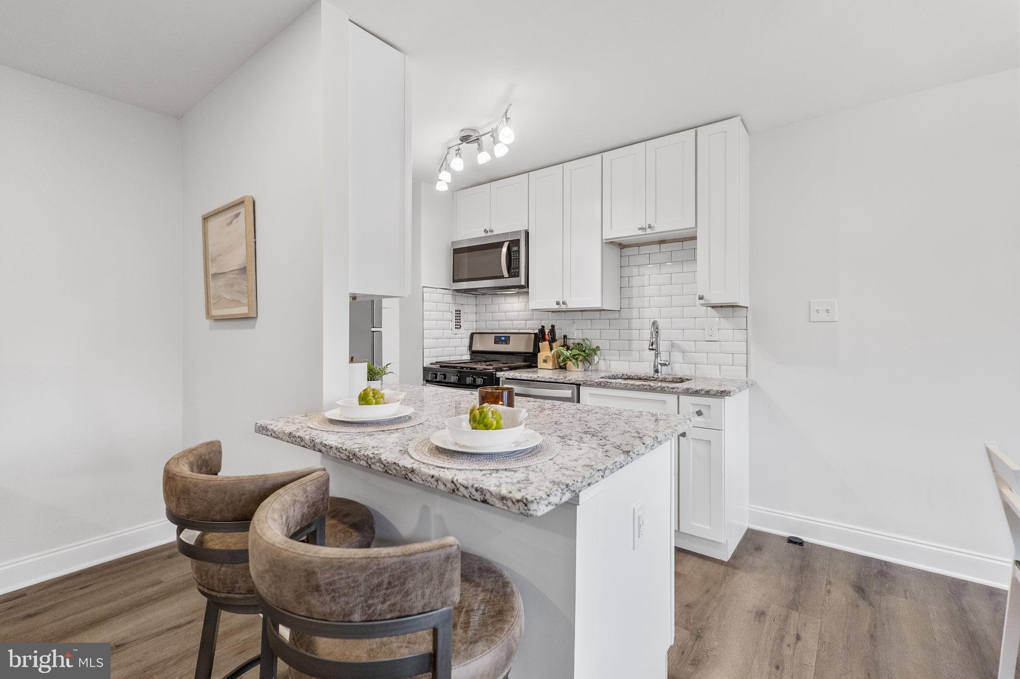 8601 Manchester Road, Unit 220 Silver Spring, MD 20901 - Photo 12 of 27 a kitchen with granite countertop white cabinets and stainless steel appliances