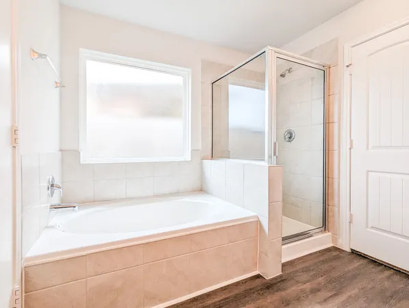 a bathroom with a bathtub and a shower