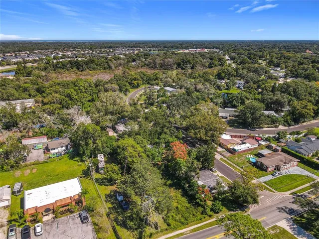 an aerial view of residential houses with outdoor space and trees