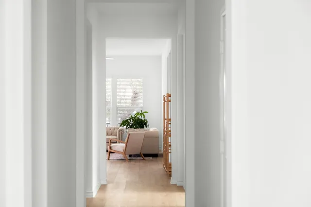 a living room with furniture and a potted plant
