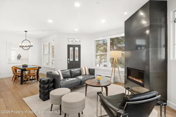 a living room with furniture and a fireplace