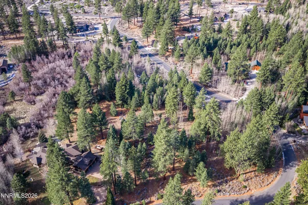 an aerial view of residential houses with outdoor space and trees