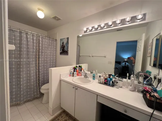 a bathroom with a sink a toilet and shower curtain