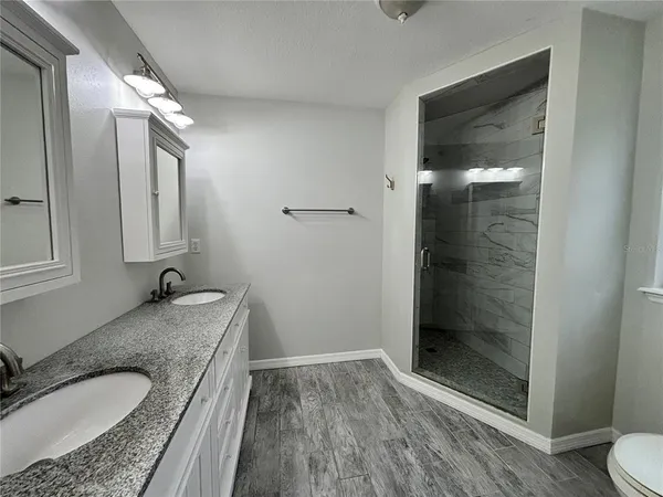 a bathroom with a granite countertop sink a mirror and shower
