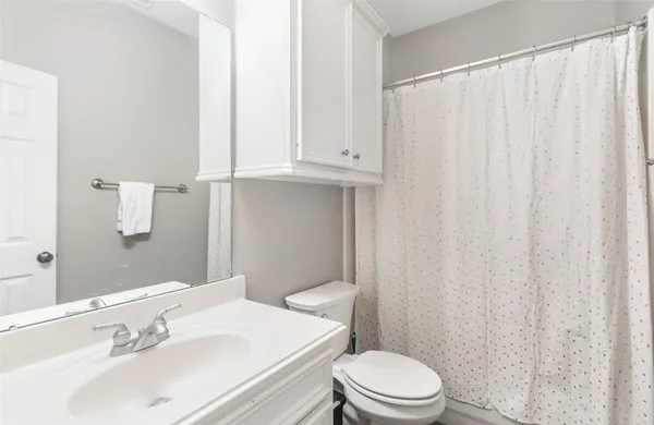 a bathroom with a sink a toilet and shower curtain