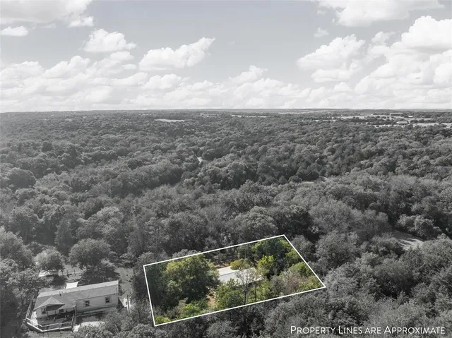 an aerial view of houses covered in trees