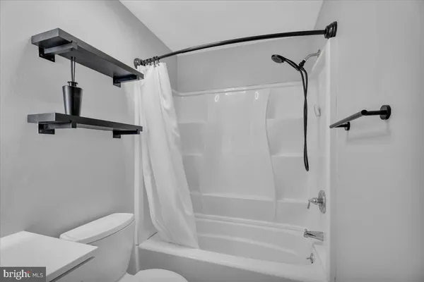 a bathroom with a shower and a toilet