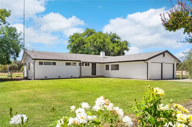 a view of a house with a yard and potted plants