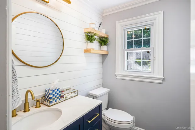 a bathroom with a sink mirror and toilet