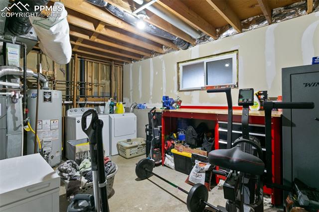 4710 Cheerful Road Colorado Springs, CO 80917 - Photo 6 of 28 Unfinished below grade area featuring water heater, washing machine and dryer, and heating unit