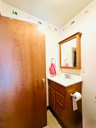 a utility room with a sink mirror and vanity