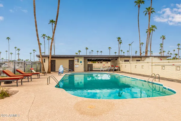 a view of a swimming pool with chairs