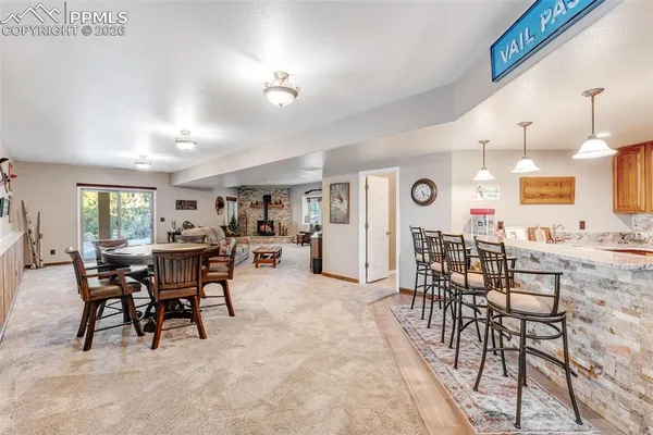 a view of a dining room with furniture