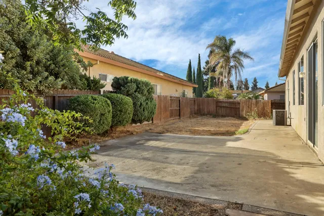 a backyard of a house with potted plants and palm trees