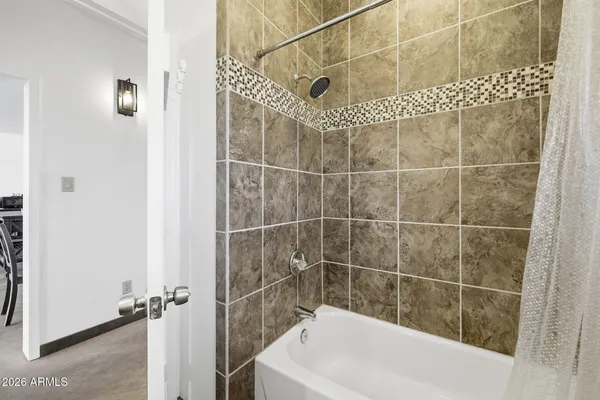 a bathroom with a bathtub