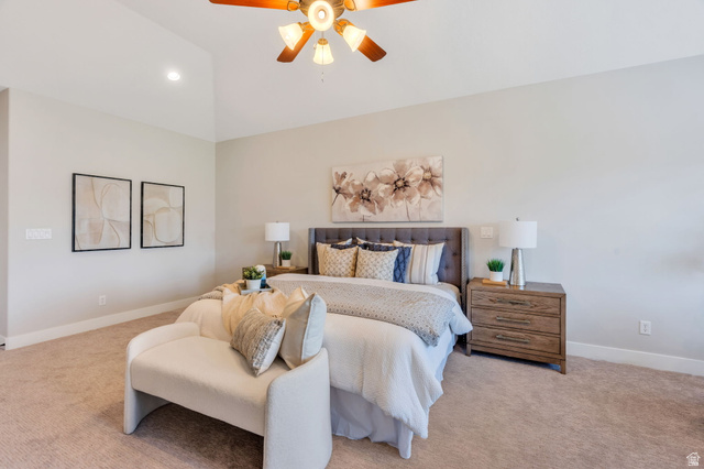 1355 West 1000 South Mapleton, UT 84664 - Photo 25 of 68 Carpeted bedroom featuring a vaulted ceiling with a ceiling fan, recessed lighting, and light-toned walls