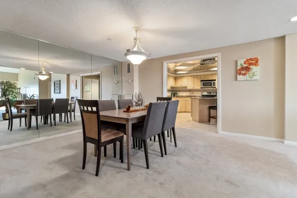 a view of a dining room with furniture