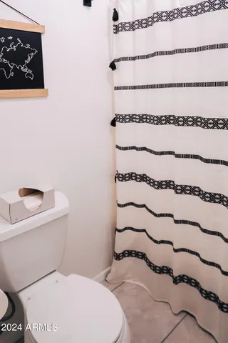 a bathroom with a toilet and a shower curtain