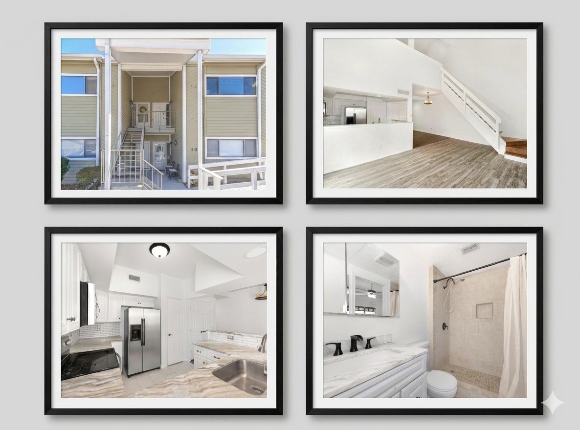 Bright and modern condo with a welcoming exterior, spacious open-plan living area with a stylish staircase, updated kitchen featuring stainless steel appliances, and a sleek bathroom with a walk-in shower. Perfect for contemporary living.