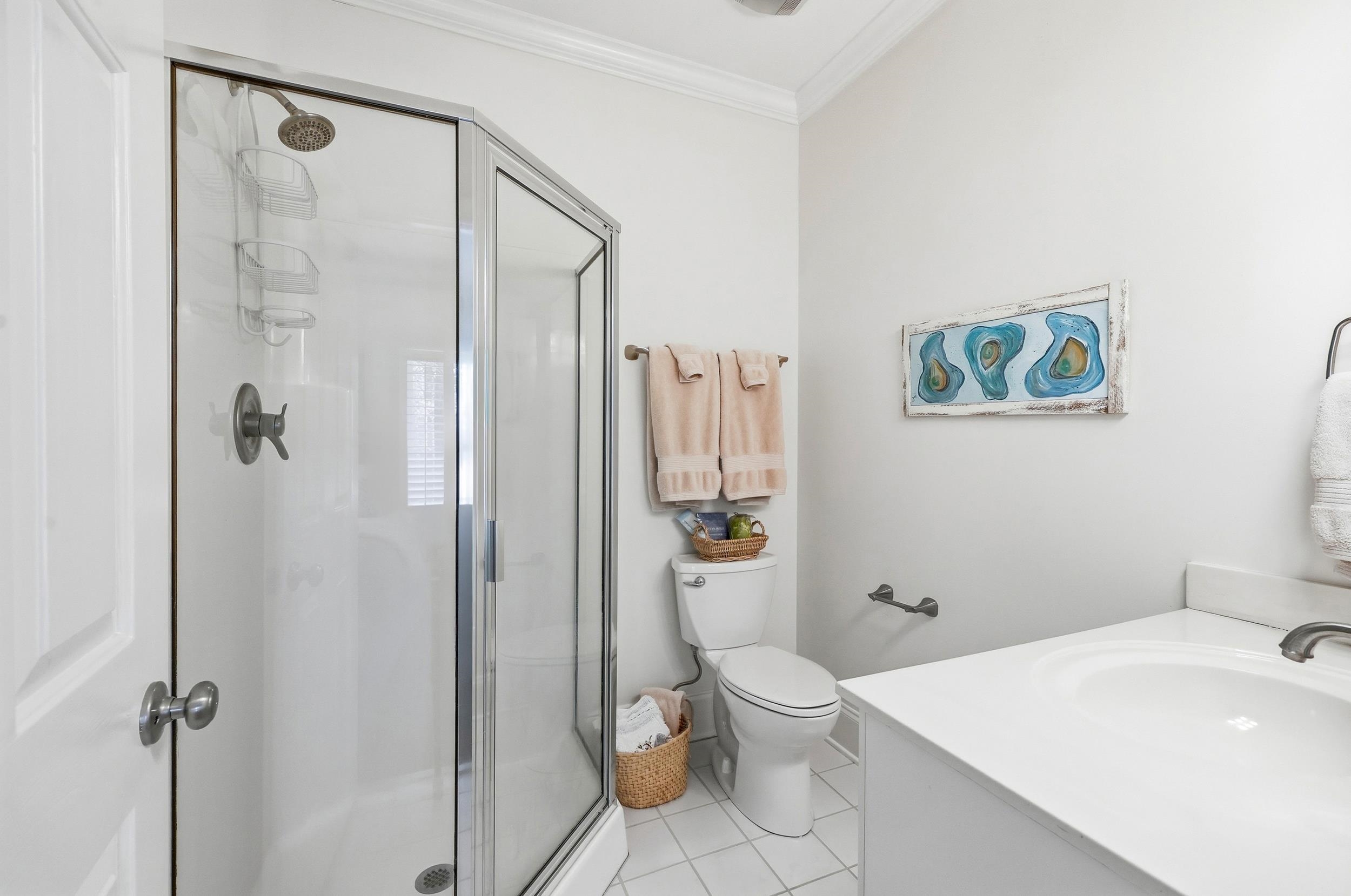 213 Old Carriage Loop Georgetown, SC 29440 - Photo 21 of 40 Full bath featuring a stall shower, vanity, crown molding, and light tile patterned floors