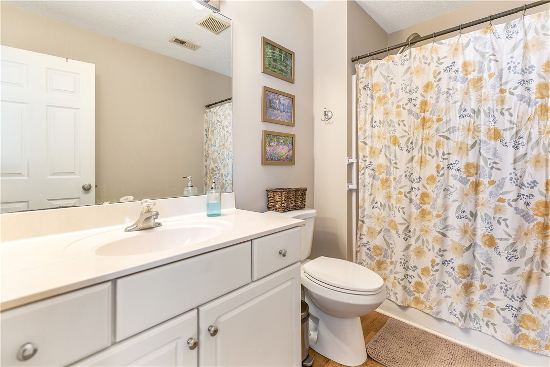 3338 Centerville Road Anderson, SC 29625 - Photo 15 of 28 This bathroom features a classic vanity, a clean toilet, and a patterned shower curtain.