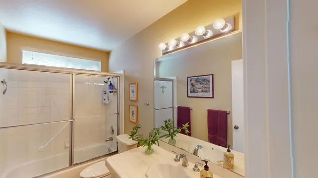 a bathroom with a granite countertop sink mirror and a shower
