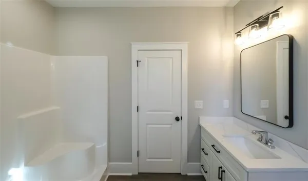 a bathroom with a tub sink vanity and a mirror