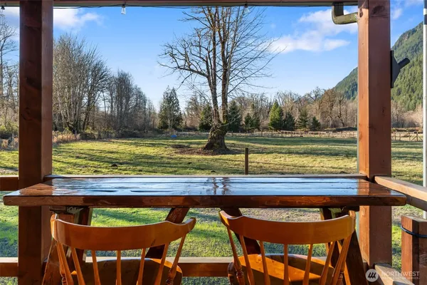a view of a chairs and table in the patio