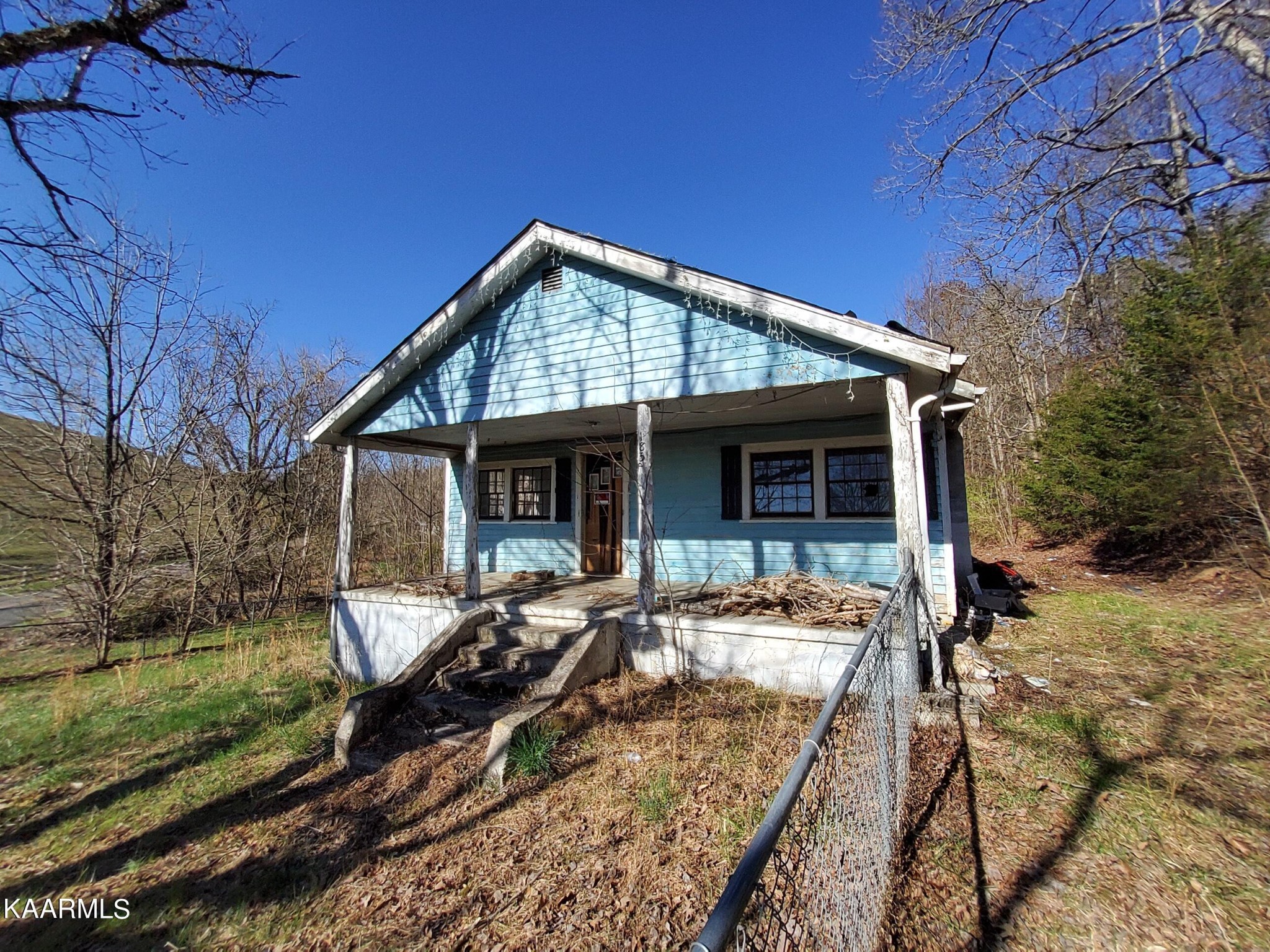 front view of a house with a patio