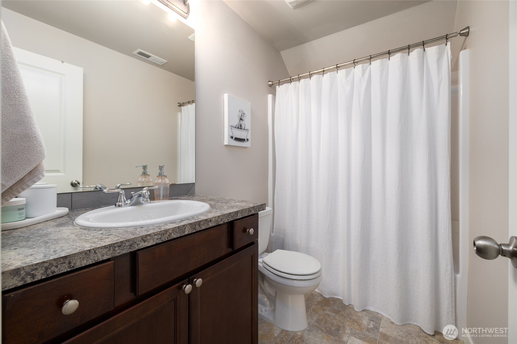 1107 Harmony Lane Mount Vernon, WA 98274 - Photo 26 of 27 a bathroom with a granite countertop sink and a mirror