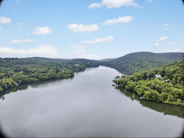 a view of a lake with houses in the back